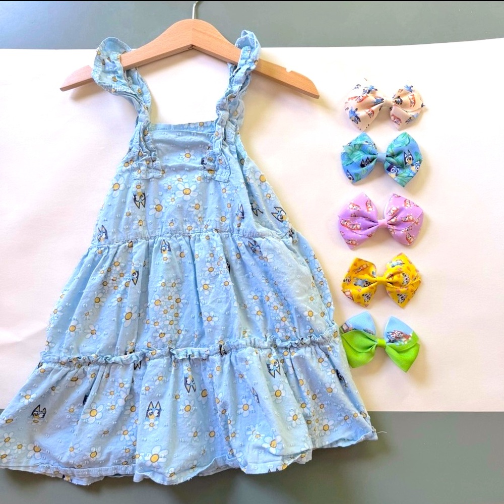 Bluey Floral Sleeveless Dress and Bluey bow clips